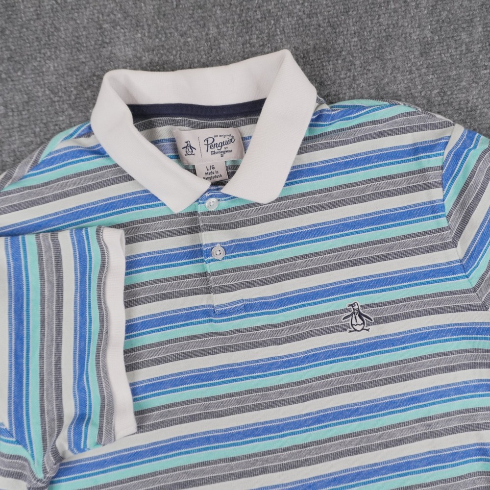 Original Penguin Polo Shirt Mens Large Blue Striped Short Sleeve Cotton Pique